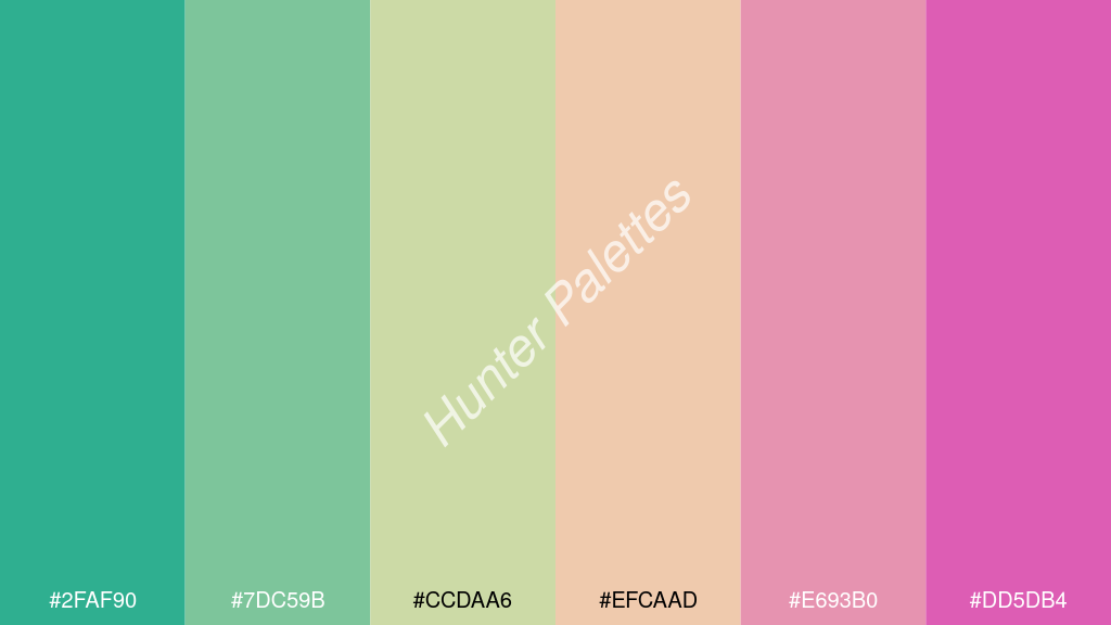 vanília szín palettája a következőkkel: #2faf90 #7dc59b #ccdaa6 #efcaad #e693b0 #dd5db4