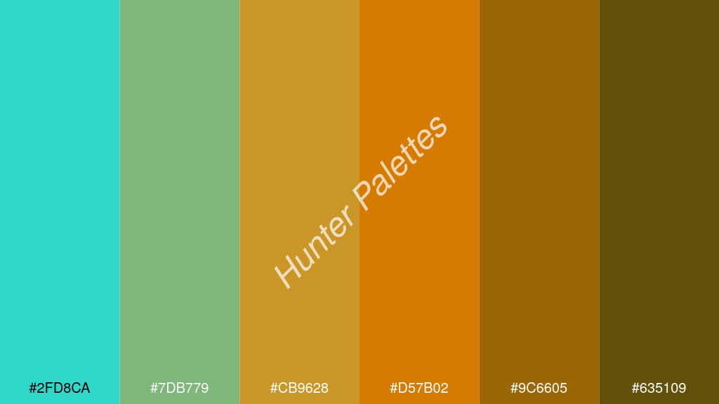 mandarin szín palettája a következőkkel: #2fd8ca #7db779 #cb9628 #d57b02 #9c6605 #635109