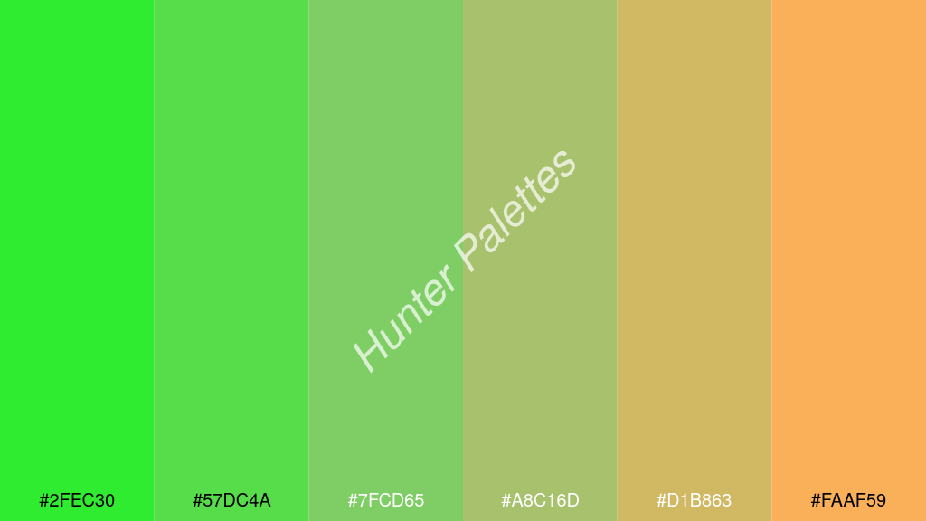 pisztáciazöld szín palettája a következőkkel: #2fec30 #57dc4a #7fcd65 #a8c16d #d1b863 #faaf59