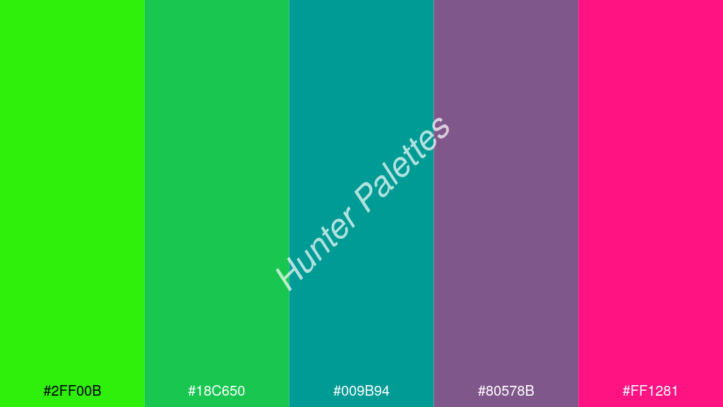 kékzöld szín palettája a következőkkel: #2ff00b #18c650 #009b94 #80578b #ff1281