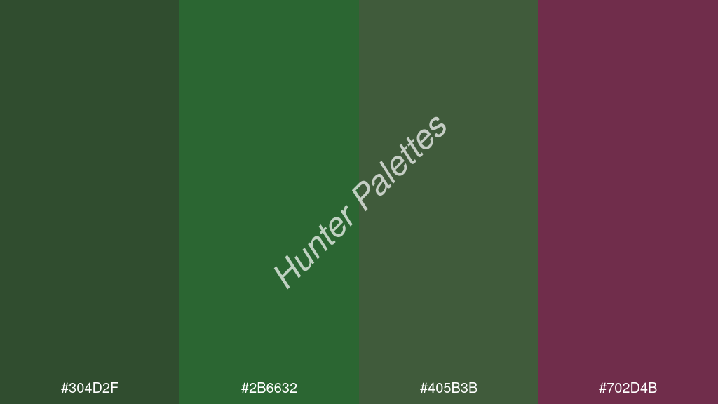 smaragdzöld szín palettája a következőkkel: #304d2f #2b6632 #405b3b #702d4b