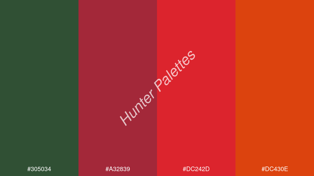 bíbor szín palettája a következőkkel: #305034 #a32839 #dc242d #dc430e