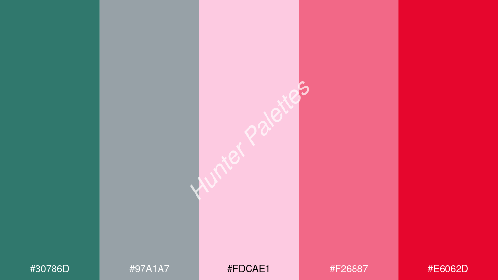 pasztell rózsaszín szín palettája a következőkkel: #30786d #97a1a7 #fdcae1 #f26887 #e6062d