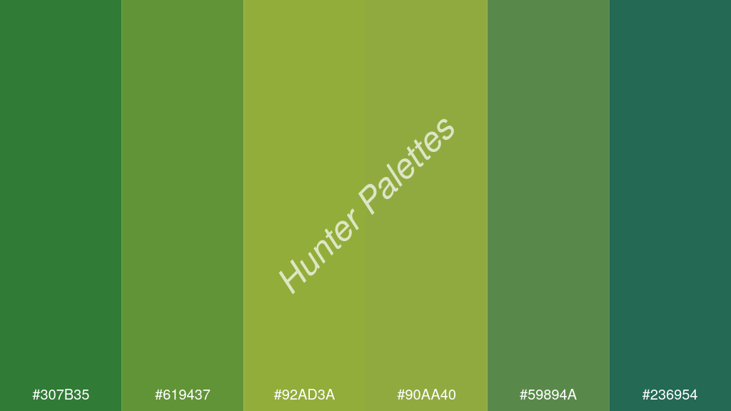 kivi szín palettája a következőkkel: #307b35 #619437 #92ad3a #90aa40 #59894a #236954
