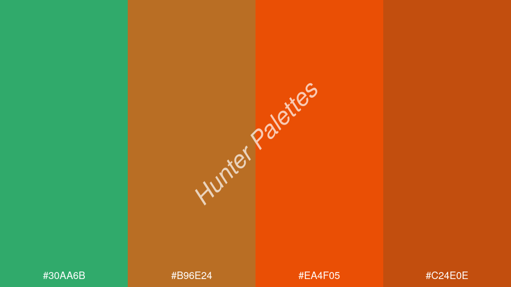 Pantone narancs szín palettája a következőkkel: #30aa6b #b96e24 #ea4f05 #c24e0e