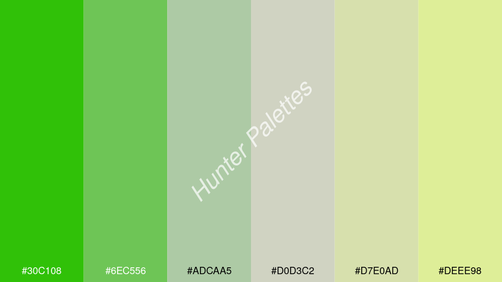 cccccc szín palettája a következőkkel: #30c108 #6ec556 #adcaa5 #d0d3c2 #d7e0ad #deee98