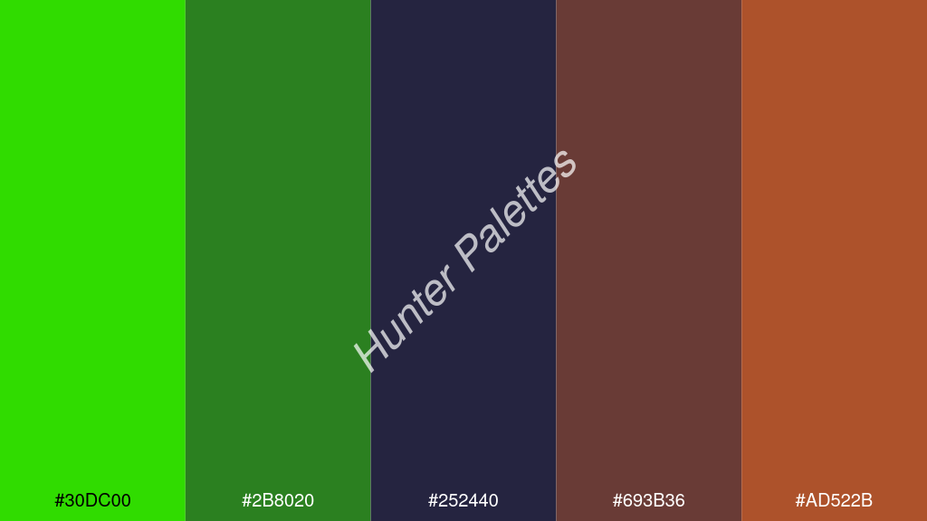 tengerészkék szín palettája a következőkkel: #30dc00 #2b8020 #252440 #693b36 #ad522b