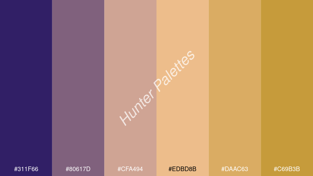 őszibarack szín palettája a következőkkel: #311f66 #80617d #cfa494 #edbd8b #daac63 #c69b3b