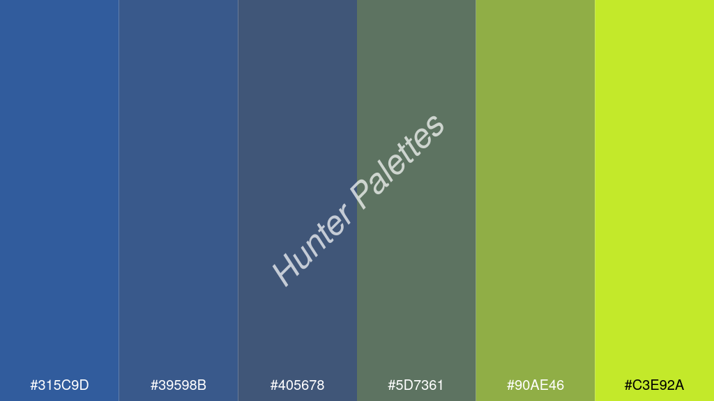 kékes szürke szín palettája a következőkkel: #315c9d #39598b #405678 #5d7361 #90ae46 #c3e92a