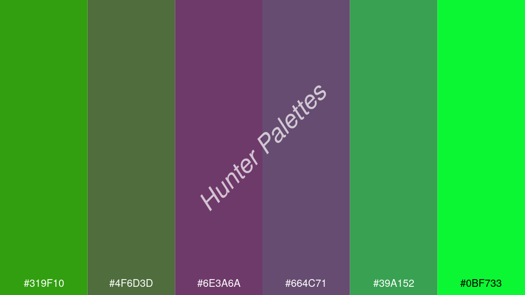 lila szín palettája a következőkkel: #319f10 #4f6d3d #6e3a6a #664c71 #39a152 #0bf733