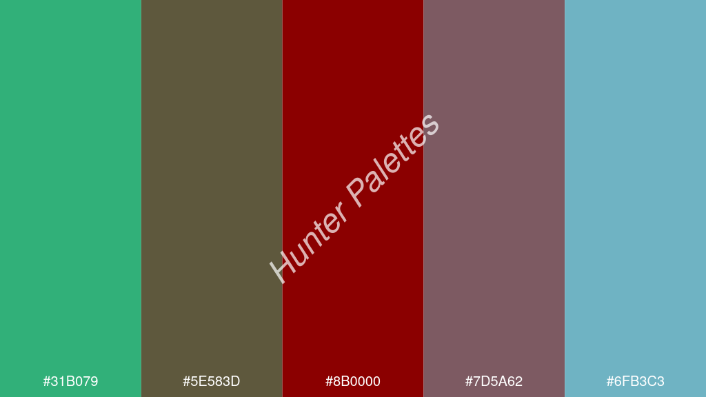 sötétvörös szín palettája a következőkkel: #31b079 #5e583d #8b0000 #7d5a62 #6fb3c3