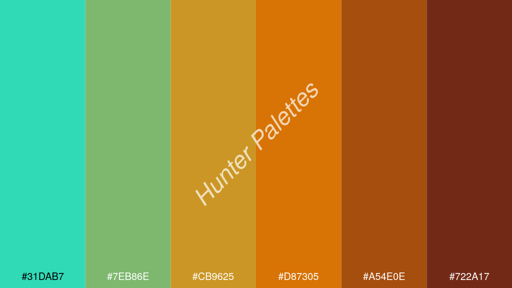 mandarin szín palettája a következőkkel: #31dab7 #7eb86e #cb9625 #d87305 #a54e0e #722a17