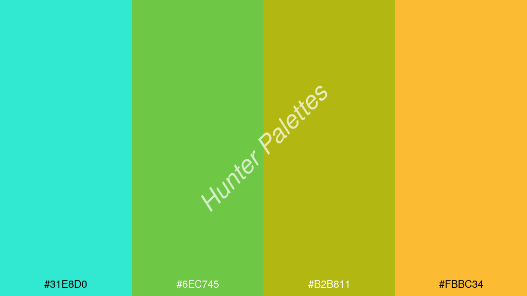alma zöld szín palettája a következőkkel: #31e8d0 #6ec745 #b2b811 #fbbc34