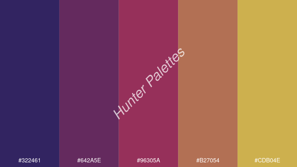 bordó szín palettája a következőkkel: #322461 #642a5e #96305a #b27054 #cdb04e