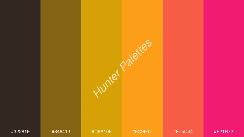 borostyán szín palettája a következőkkel: #32281f #846413 #d6a106 #fc9e17 #f75d44 #f21b72