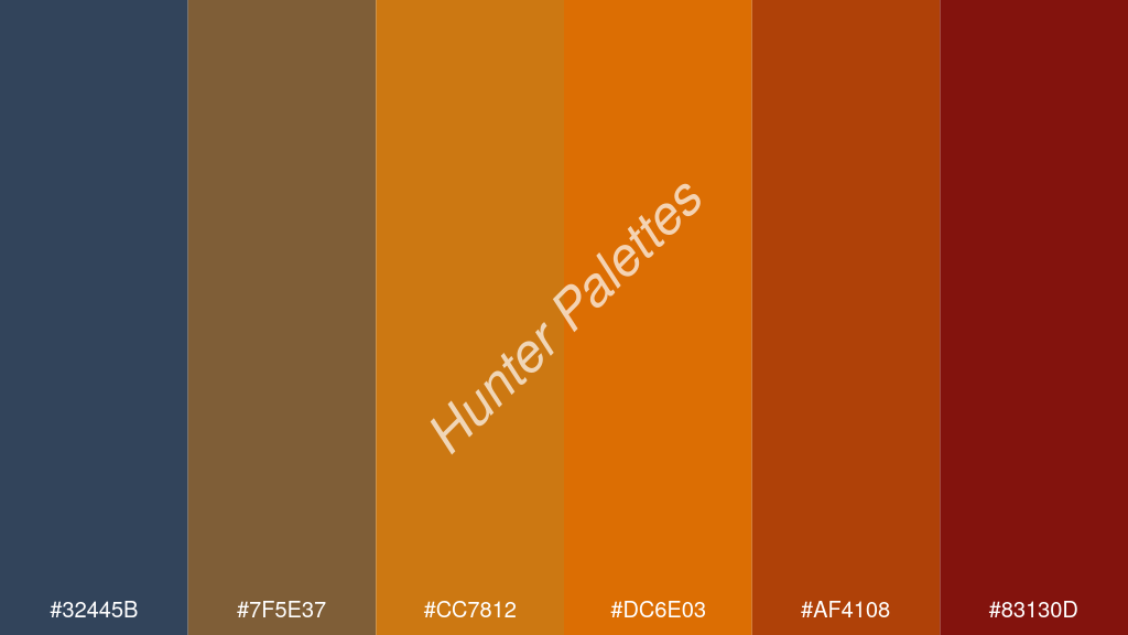 mandarin szín palettája a következőkkel: #32445b #7f5e37 #cc7812 #dc6e03 #af4108 #83130d