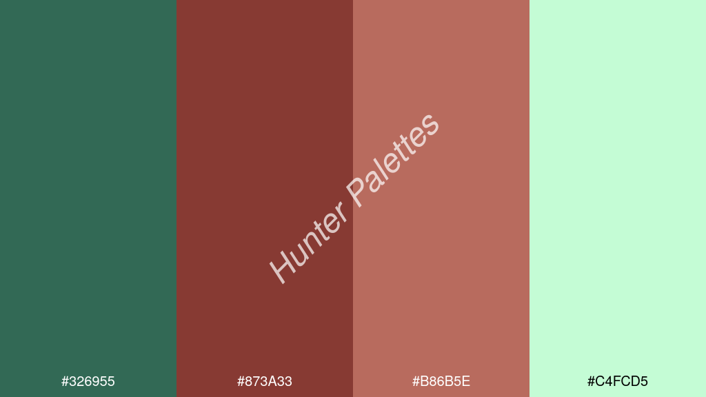 tégla szín palettája a következőkkel: #326955 #873a33 #b86b5e #c4fcd5