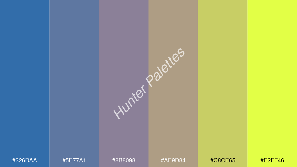 pasztell lila szín palettája a következőkkel: #326daa #5e77a1 #8b8098 #ae9d84 #c8ce65 #e2ff46