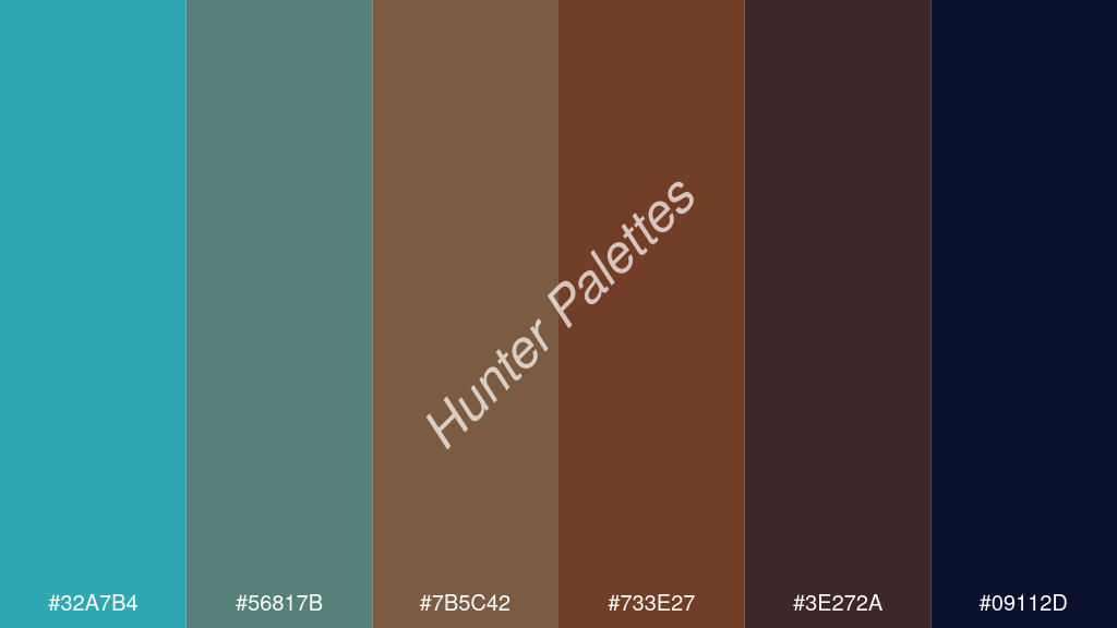 barna szín palettája a következőkkel: #32a7b4 #56817b #7b5c42 #733e27 #3e272a #09112d