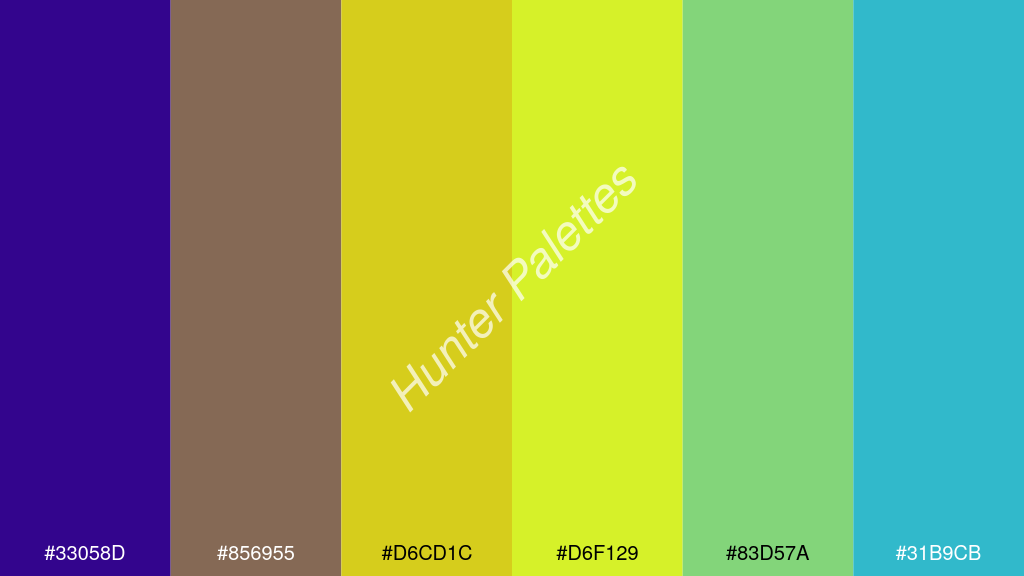 sárga szín palettája a következőkkel: #33058d #856955 #d6cd1c #d6f129 #83d57a #31b9cb