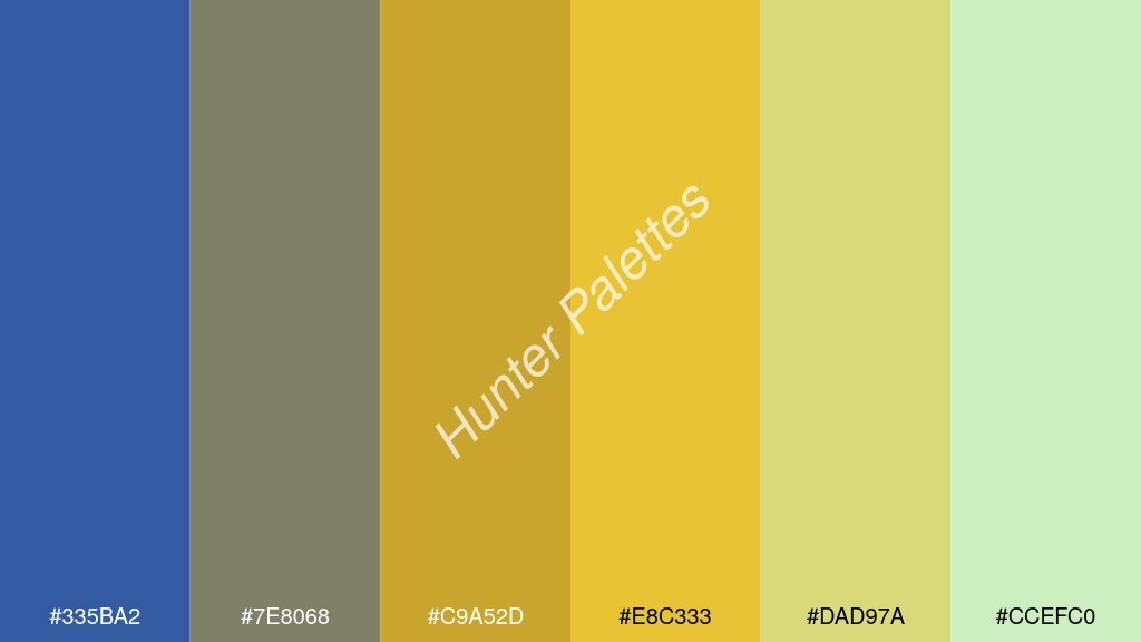 arany szín palettája a következőkkel: #335ba2 #7e8068 #c9a52d #e8c333 #dad97a #ccefc0