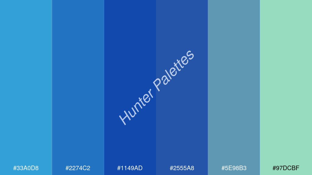 királykék szín palettája a következőkkel: #33a0d8 #2274c2 #1149ad #2555a8 #5e98b3 #97dcbf