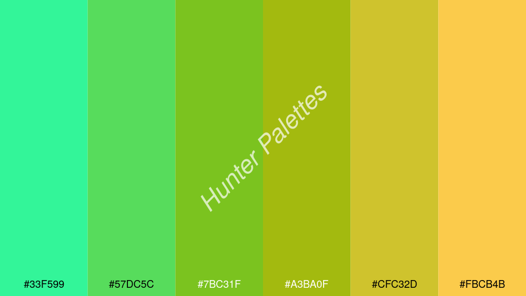 alma zöld szín palettája a következőkkel: #33f599 #57dc5c #7bc31f #a3ba0f #cfc32d #fbcb4b