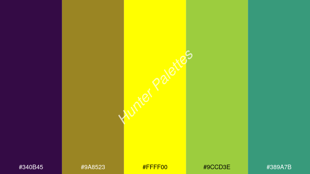 sárga szín palettája a következőkkel: #340b45 #9a8523 #ffff00 #9ccd3e #389a7b