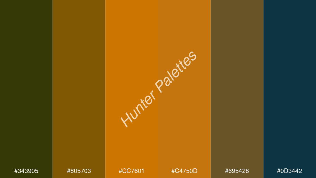 mandarin szín palettája a következőkkel: #343905 #805703 #cc7601 #c4750d #695428 #0d3442