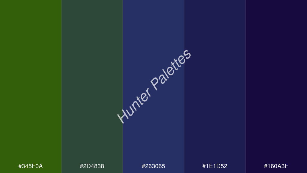 kobaltkék szín palettája a következőkkel: #345f0a #2d4838 #263065 #1e1d52 #160a3f