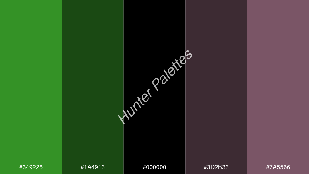 fekete szín palettája a következőkkel: #349226 #1a4913 #000000 #3d2b33 #7a5566