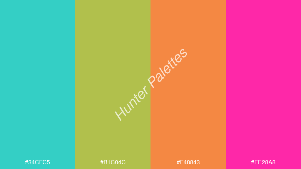 arany szín palettája a következőkkel: #34cfc5 #b1c04c #f48843 #fe28a8
