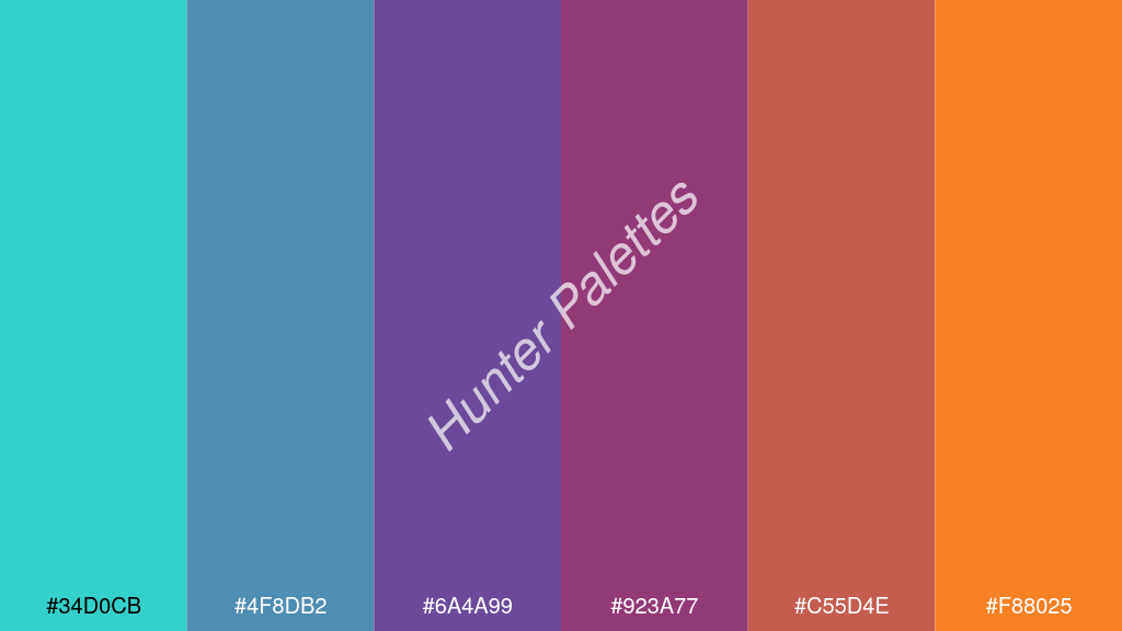 ibolya szín palettája a következőkkel: #34d0cb #4f8db2 #6a4a99 #923a77 #c55d4e #f88025