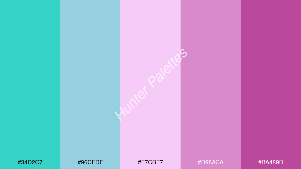 világos rózsaszín szín palettája a következőkkel: #34d2c7 #96cfdf #f7cbf7 #d98aca #ba489d