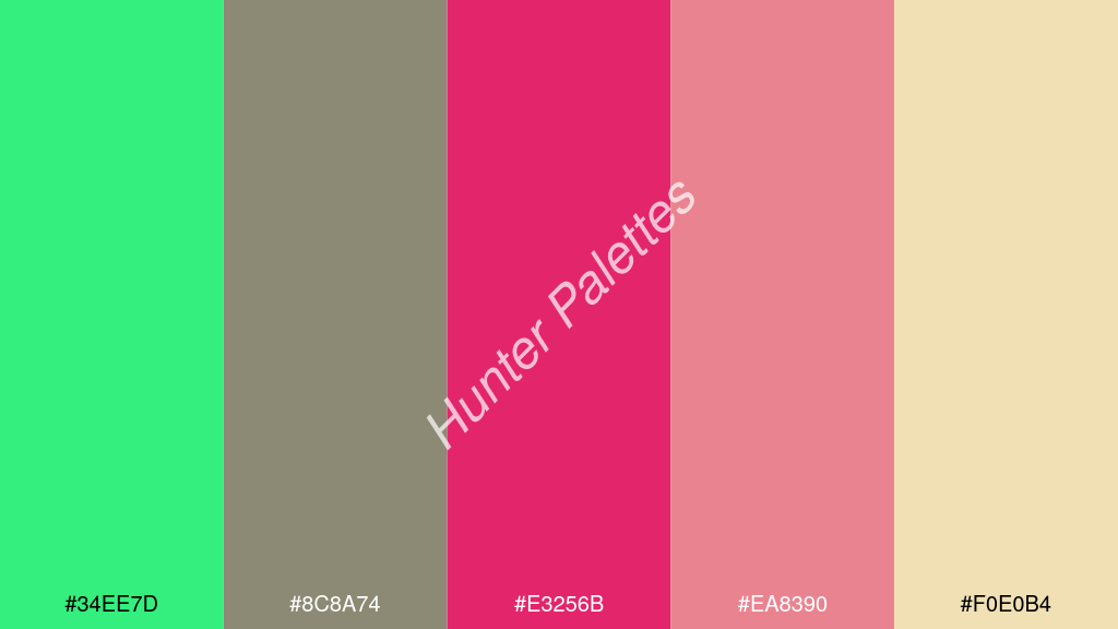 razzmatazz szín palettája a következőkkel: #34ee7d #8c8a74 #e3256b #ea8390 #f0e0b4