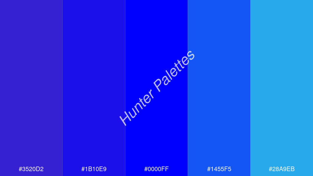 kék szín palettája a következőkkel: #3520d2 #1b10e9 #0000ff #1455f5 #28a9eb