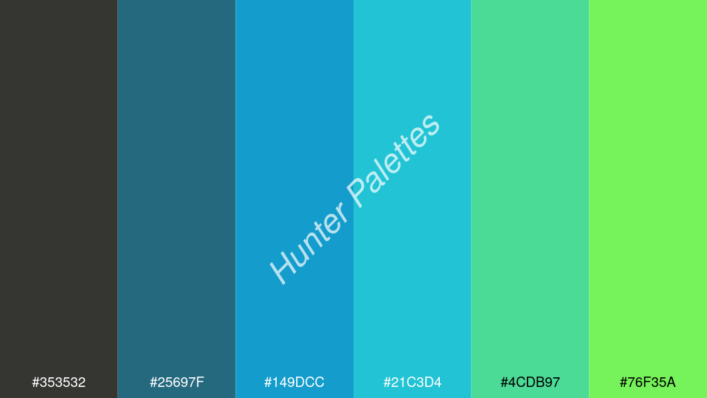 égszínkék szín palettája a következőkkel: #353532 #25697f #149dcc #21c3d4 #4cdb97 #76f35a
