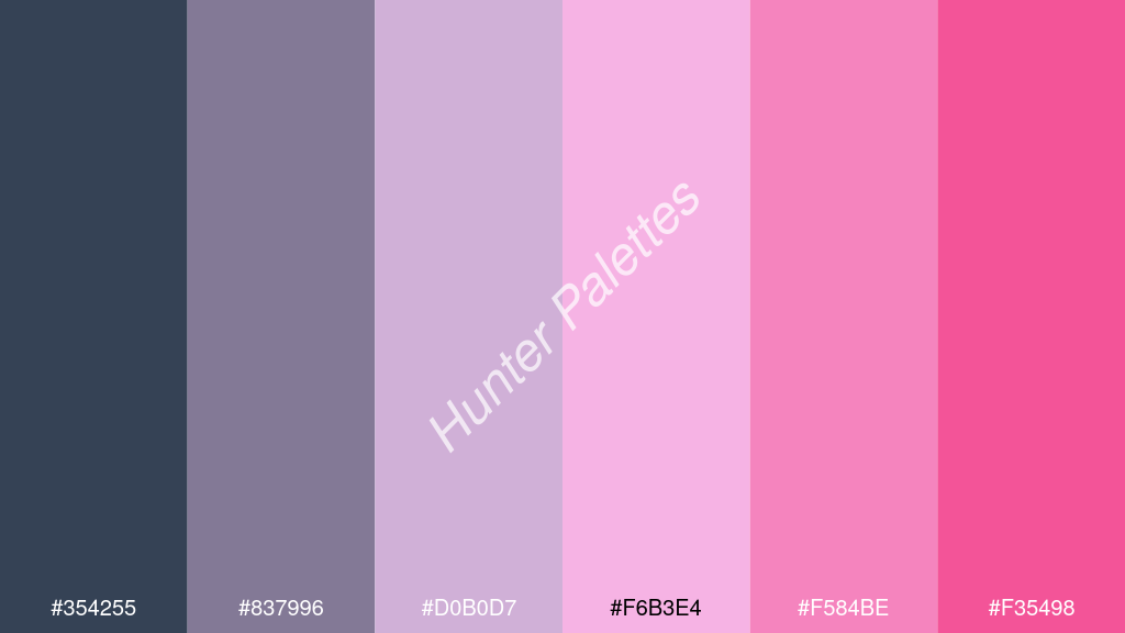 világos rózsaszín szín palettája a következőkkel: #354255 #837996 #d0b0d7 #f6b3e4 #f584be #f35498