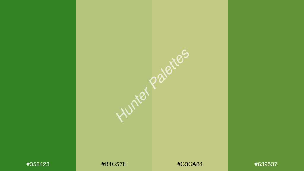 vanília szín palettája a következőkkel: #358423 #b4c57e #c3ca84 #639537