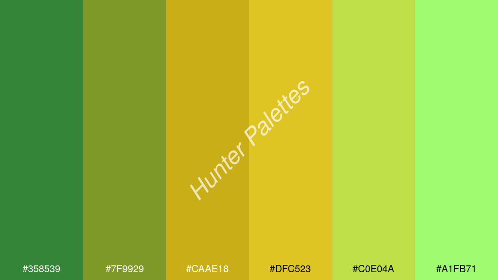 arany szín palettája a következőkkel: #358539 #7f9929 #caae18 #dfc523 #c0e04a #a1fb71