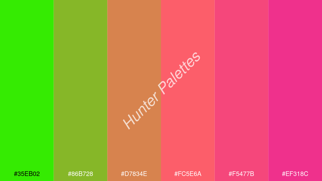 pasztell piros szín palettája a következőkkel: #35eb02 #86b728 #d7834e #fc5e6a #f5477b #ef318c
