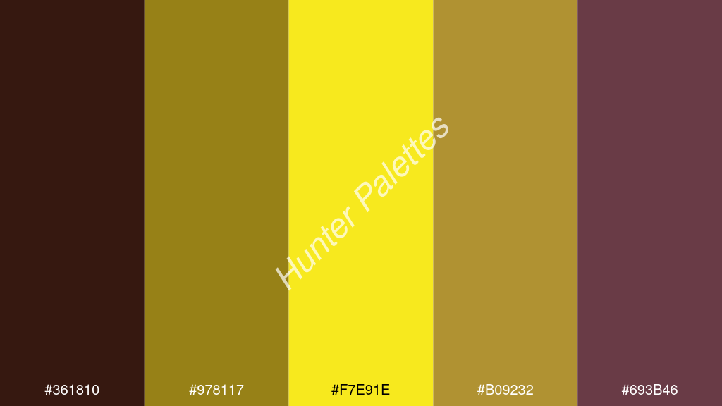 kanárisárga szín palettája a következőkkel: #361810 #978117 #f7e91e #b09232 #693b46