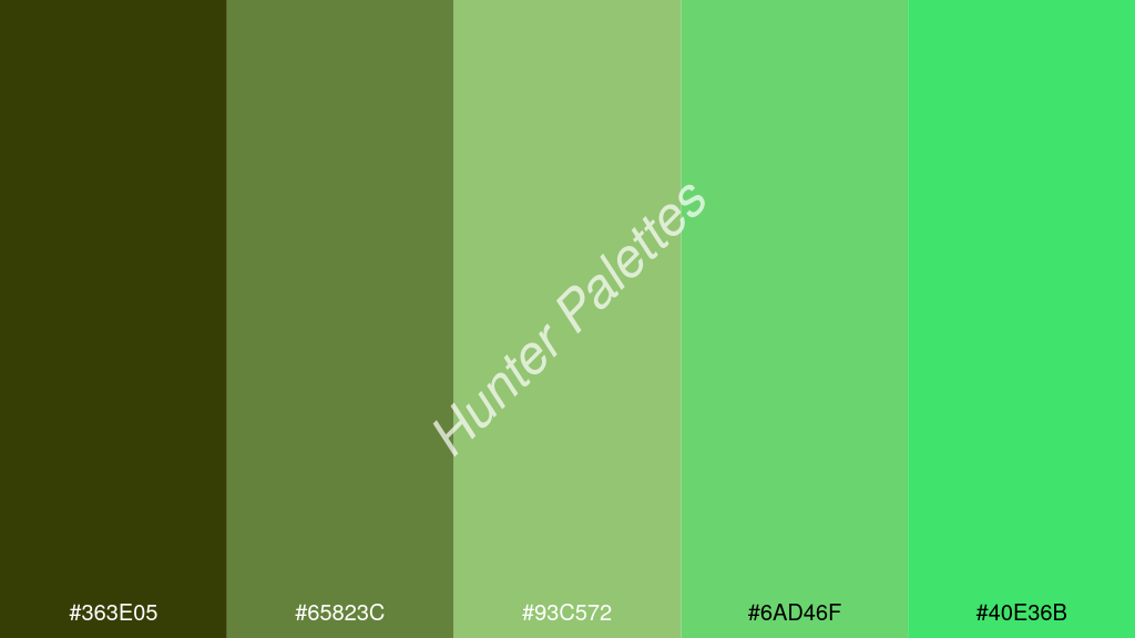pisztáciazöld szín palettája a következőkkel: #363e05 #65823c #93c572 #6ad46f #40e36b