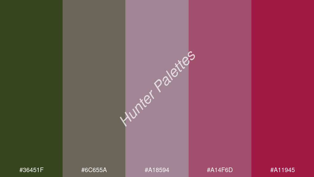 pasztell lila szín palettája a következőkkel: #36451f #6c655a #a18594 #a14f6d #a11945