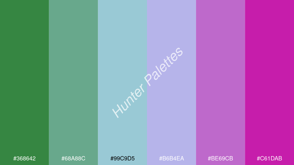 pasztellkék szín palettája a következőkkel: #368642 #68a88c #99c9d5 #b6b4ea #be69cb #c61dab