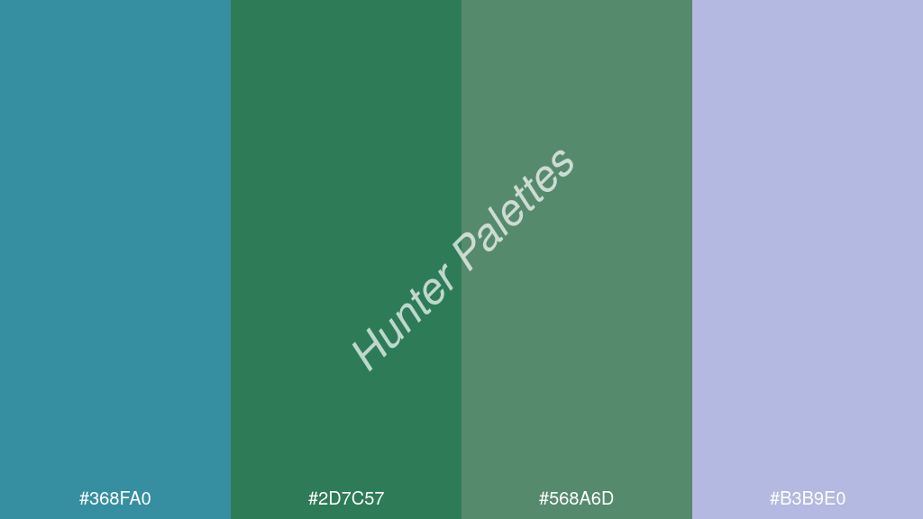 smaragdzöld szín palettája a következőkkel: #368fa0 #2d7c57 #568a6d #b3b9e0