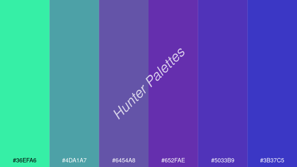 szőlő szín palettája a következőkkel: #36efa6 #4da1a7 #6454a8 #652fae #5033b9 #3b37c5