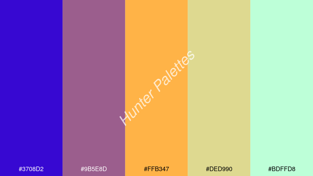 pasztell narancssárga szín palettája a következőkkel: #3708d2 #9b5e8d #ffb347 #ded990 #bdffd8