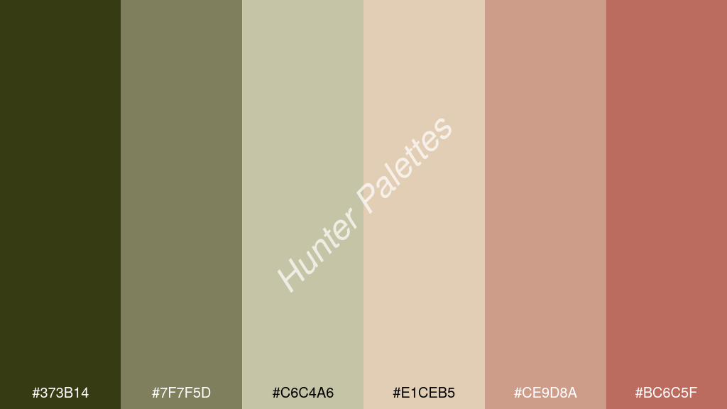 gyöngyház fehér szín palettája a következőkkel: #373b14 #7f7f5d #c6c4a6 #e1ceb5 #ce9d8a #bc6c5f