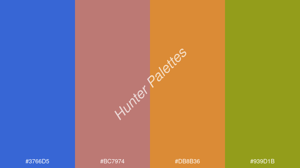 mangó szín palettája a következőkkel: #3766d5 #bc7974 #db8b36 #939d1b